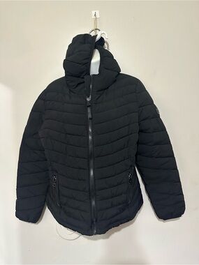 Calvin Klein Women’s Black Puffer Coat Size L Hooded Zip‑Up Winter Jacket